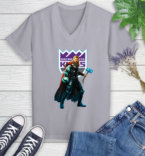 NBA Thor Avengers Endgame Basketball Sacramento Kings Women's V-Neck T-Shirt 4