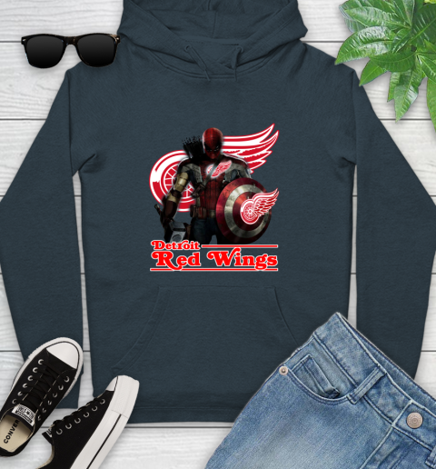 NHL Captain America Thor Spider Man Hawkeye Avengers Endgame Hockey Detroit Red Wings Youth Hoodie 8
