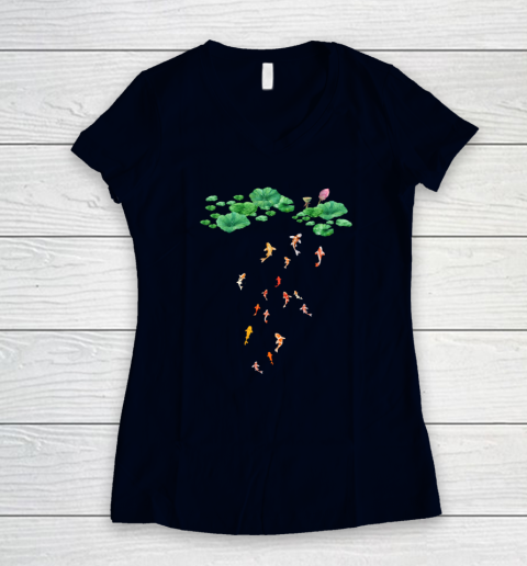 Watercolor Japanese Koi Fish Goldfish Lily Pad Lotus Leaf Shirt Women's V-Neck T-Shirt 2