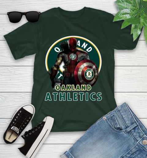 MLB Captain America Thor Spider Man Hawkeye Avengers Endgame Baseball Oakland Athletics Youth T-Shirt 5