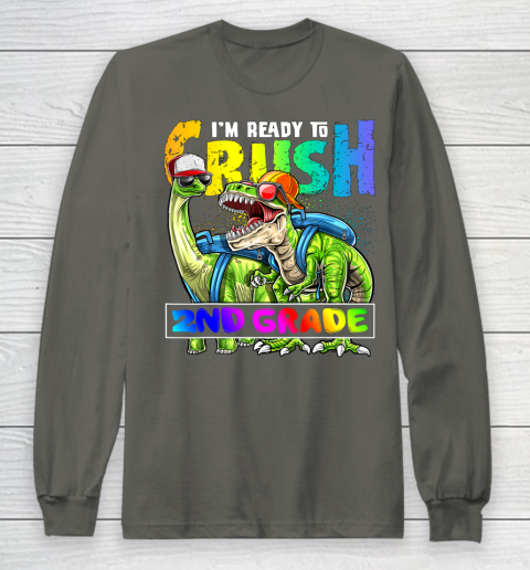 Next Level t shirts I m Ready To Crush 2nd Grade T Rex Dino Holding Pencil Back To School Long Sleeve T-Shirt 5