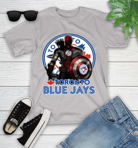 MLB Captain America Thor Spider Man Hawkeye Avengers Endgame Baseball Toronto Blue Jays Youth T-Shirt 12
