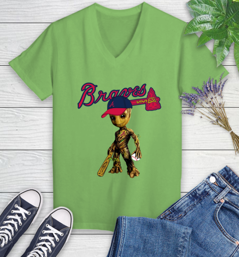 MLB Atlanta Braves Groot Guardians Of The Galaxy Baseball Women's V-Neck T-Shirt 11