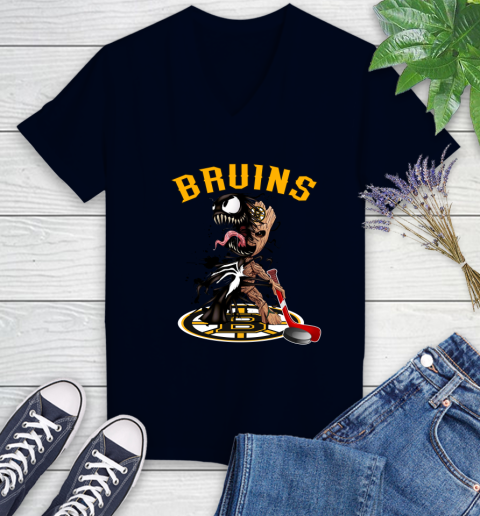 NHL Boston Bruins Hockey Venom Groot Guardians Of The Galaxy Women's V-Neck T-Shirt 3