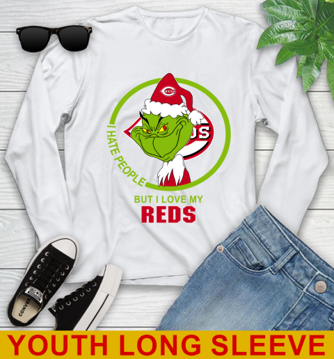 Cincinnati Reds MLB Christmas Grinch I Hate People But I Love My Favorite Baseball Team Youth Long Sleeve