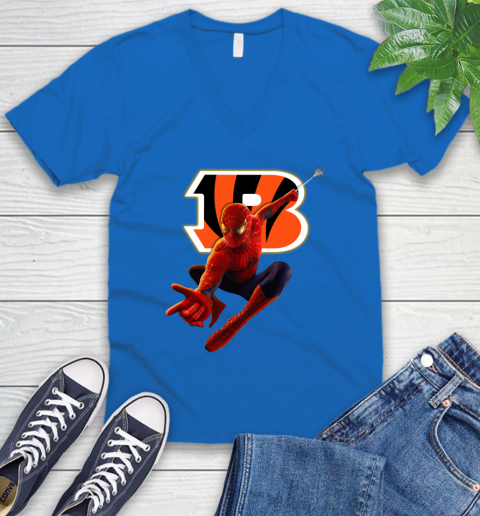 NFL Spider Man Avengers Endgame Football Cincinnati Bengals V-Neck T-Shirt 6