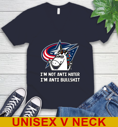 Columbus Blue Jackets NHL Hockey Unicorn I'm Not Anti Hater I'm Anti Bullshit V-Neck T-Shirt 3