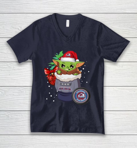 Colorado Avalanche Christmas Baby Yoda Star Wars Funny Happy NHL V-Neck T-Shirt 3