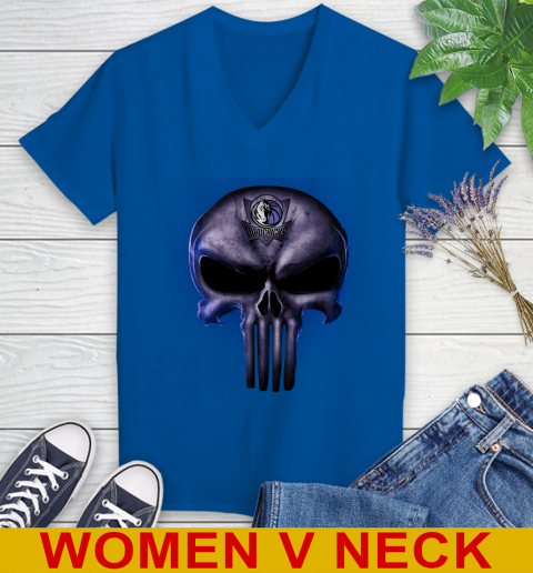 Dallas Mavericks NBA Basketball Punisher Skull Sports Women's V-Neck T-Shirt 9