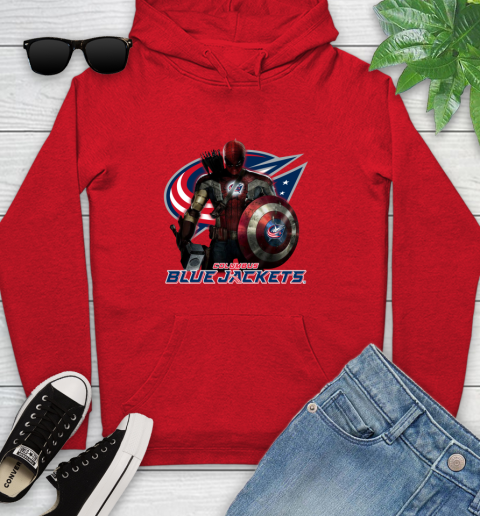 NHL Captain America Thor Spider Man Hawkeye Avengers Endgame Hockey Columbus Blue Jackets Youth Hoodie 11