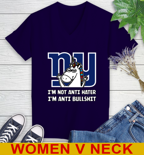New York Giants NFL Football Unicorn I'm Not Anti Hater I'm Anti Bullshit Women's V-Neck T-Shirt 4