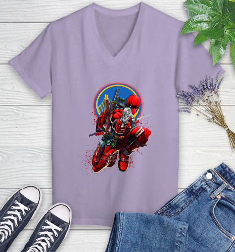 NBA Deadpool Marvel Comics Sports Basketball Golden State Warriors Women's V-Neck T-Shirt 14
