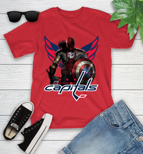 NHL Captain America Thor Spider Man Hawkeye Avengers Endgame Hockey Washington Capitals Youth T-Shirt 10