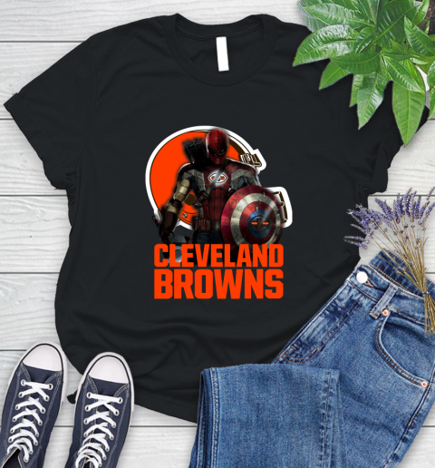 NFL Captain America Thor Spider Man Hawkeye Avengers Endgame Football Cleveland Browns Women's T-Shirt 2