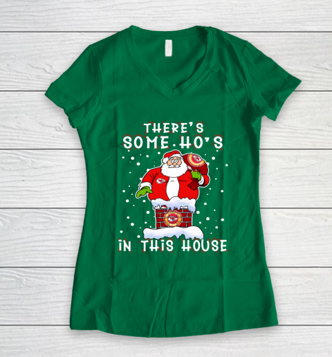 Kansas City Chiefs Christmas There Is Some Hos In This House Santa Stuck In The Chimney NFL Women's V-Neck T-Shirt 3