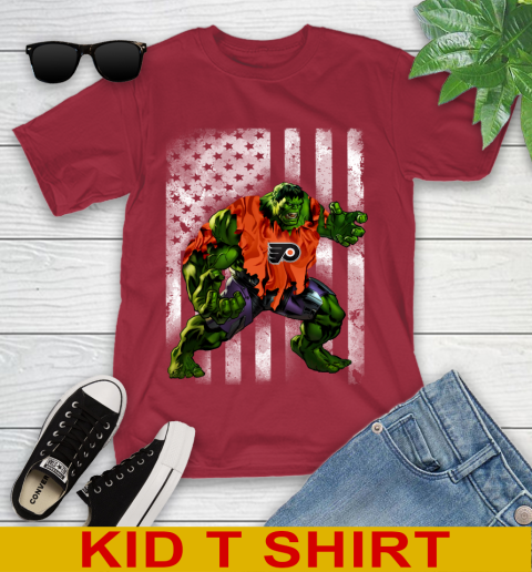 Philadelphia Flyers Hulk Marvel Avengers NHL Hockey American Flag Youth T-Shirt 12