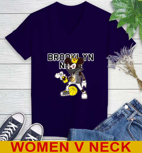 Brooklyn Nets NBA Basketball Mickey Peace Sign Sports Women's V-Neck T-Shirt 4