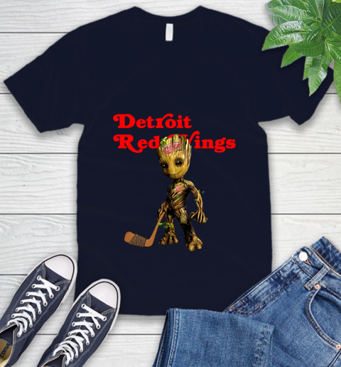 Detroit Red Wings NHL Hockey Groot Marvel Guardians Of The Galaxy V-Neck T-Shirt 3