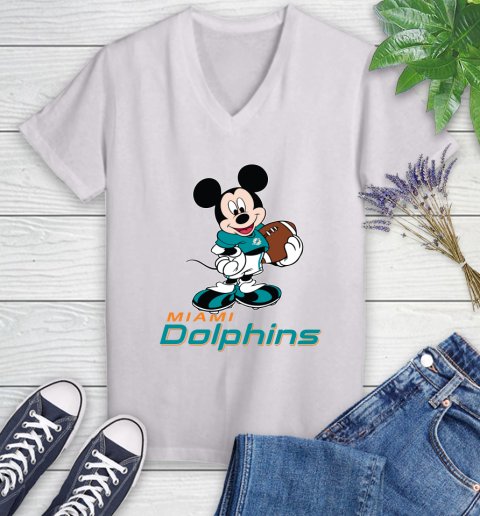NFL Football Miami Dolphins Cheerful Mickey Mouse Shirt Women's V-Neck T-Shirt 2