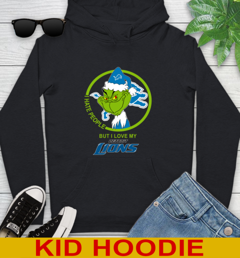 Detroit Lions NFL Christmas Grinch I Hate People But I Love My Favorite Football Team Youth Hoodie 2