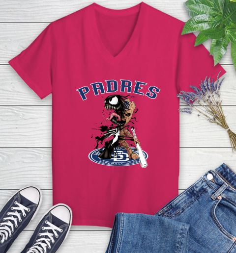 MLB San Diego Padres Baseball Venom Groot Guardians Of The Galaxy Women's V-Neck T-Shirt 9