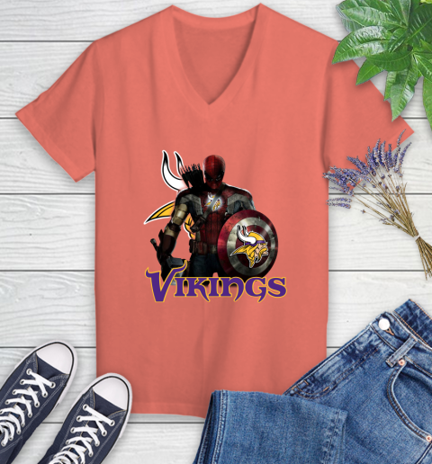 NFL Captain America Thor Spider Man Hawkeye Avengers Endgame Football Minnesota Vikings Women's V-Neck T-Shirt 6