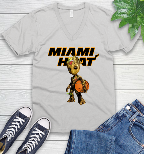 Miami Heat NBA Basketball Groot Marvel Guardians Of The Galaxy V-Neck T-Shirt