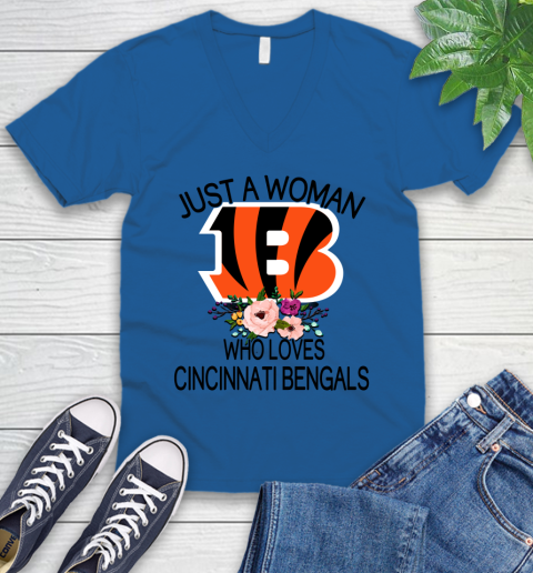 NFL Just A Woman Who Loves Cincinnati Bengals Football Sports V-Neck T-Shirt 3