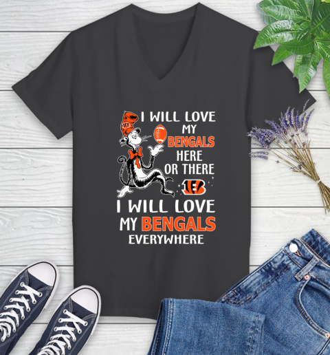 NFL Football Cincinnati Bengals I Will Love My Bengals Everywhere Dr Seuss Shirt Women's V-Neck T-Shirt 6
