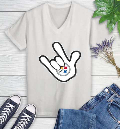 Pittsburgh Steelers NFL Football Mickey Rock Hand Disney Women's V-Neck T-Shirt