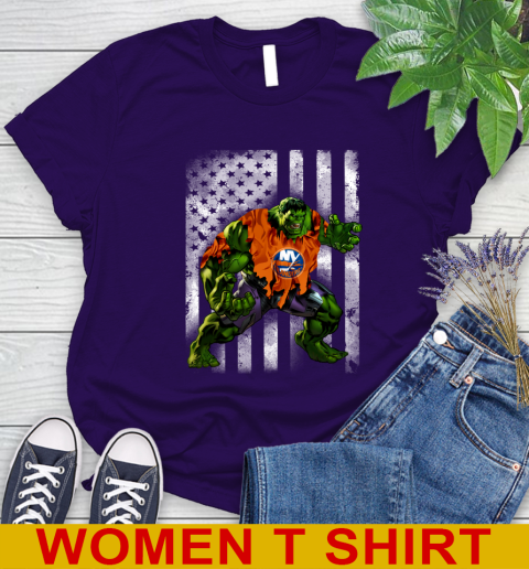 New York Islanders Hulk Marvel Avengers NHL Hockey American Flag Women's T-Shirt 4