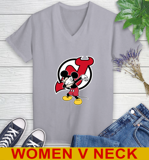 New Jersey Devils NHL Hockey Dabbing Mickey Disney Sports Women's V-Neck T-Shirt 5