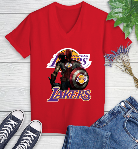 Los Angeles Lakers NBA Basketball Captain America Thor Spider Man Hawkeye Avengers Women's V-Neck T-Shirt 12