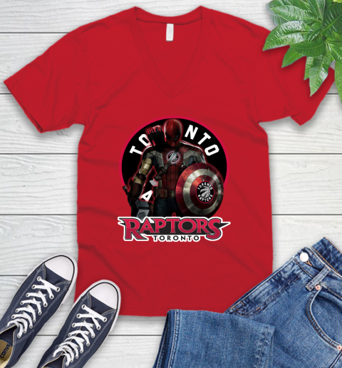 Toronto Raptors NBA Basketball Captain America Thor Spider Man Hawkeye Avengers V-Neck T-Shirt 7