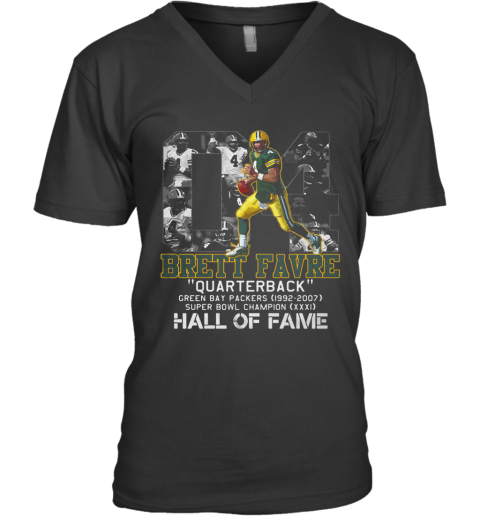 04 Brett Favre Quarterback Green Bay Packers 1992 2007 Super Bowl Champion Hall Of Fame V-Neck T-Shirt