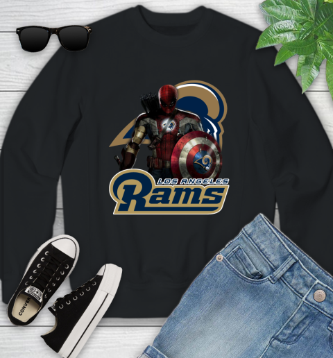 NFL Captain America Thor Spider Man Hawkeye Avengers Endgame Football Los Angeles Rams Youth Sweatshirt 2