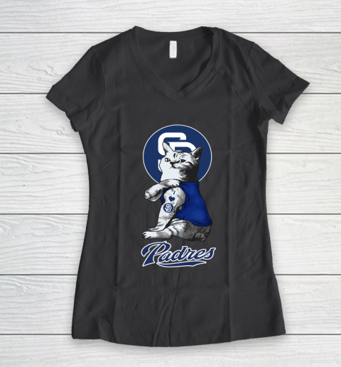 MLB Baseball My Cat Loves San Diego Padres Women's V-Neck T-Shirt 6