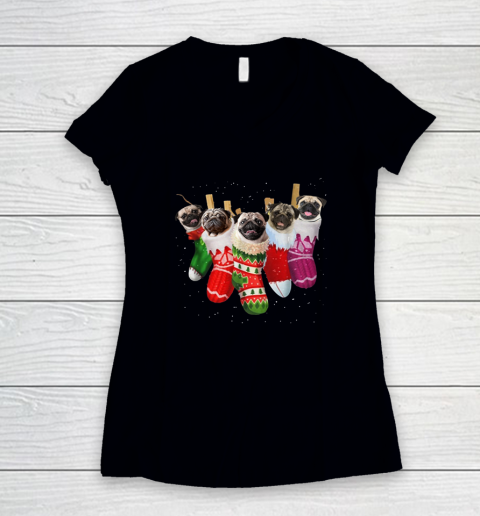 Pug Christmas Socks Funny T Shirts Xmas Vintage Cute Women's V-Neck T-Shirt