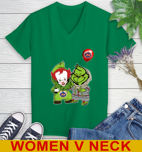 Baby Pennywise Grinch Christmas MLB Baseball New York Mets Women's V-Neck T-Shirt 6