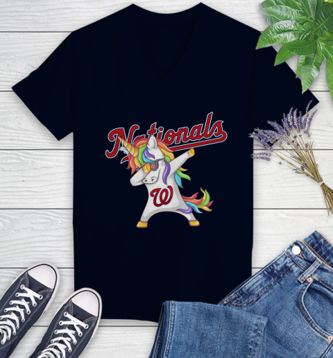 Washington Nationals MLB Baseball Funny Unicorn Dabbing Sports Women's V-Neck T-Shirt 3