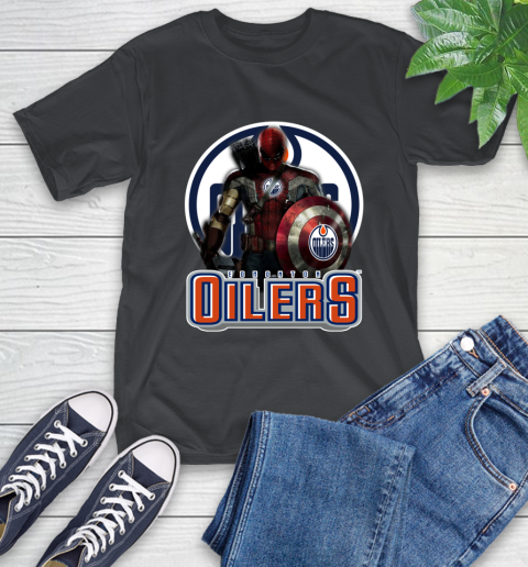 NHL Captain America Thor Spider Man Hawkeye Avengers Endgame Hockey Edmonton Oilers T-Shirt 2