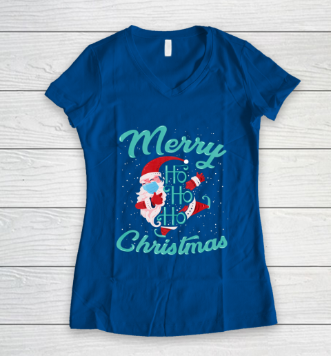 Merry Christmas Ho Ho Ho Santa Claus Wearing A Face Mask Women's V-Neck T-Shirt 7