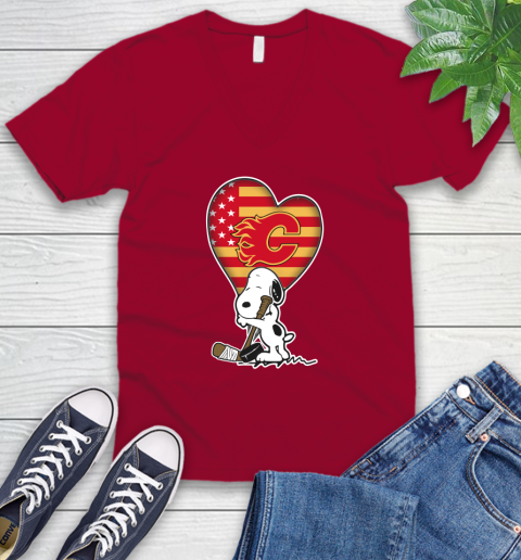 Calgary Flames NHL Hockey The Peanuts Movie Adorable Snoopy V-Neck T-Shirt 8