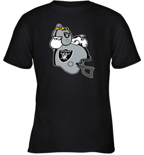Snoopy And Woodstock Resting On Oakland Raiders Helmet Youth T-Shirt