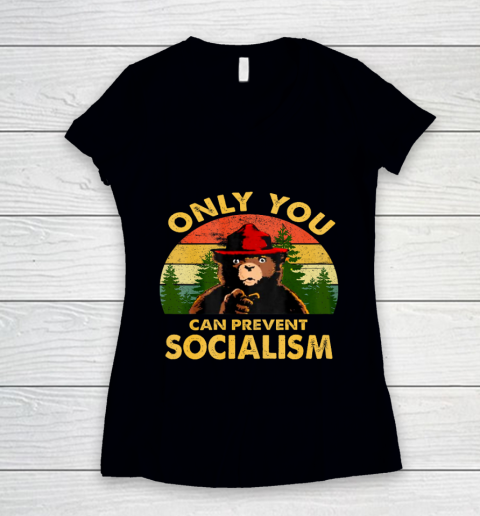 Only you can prevent socialism Bear Camping Vintage funny Women's V-Neck T-Shirt