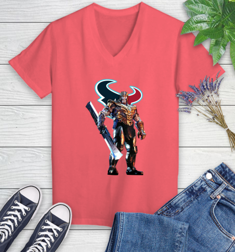 NFL Thanos Gauntlet Avengers Endgame Football Houston Texans Women's V-Neck T-Shirt 6