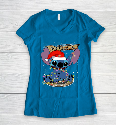 Anaheim Ducks NHL Hockey noel stitch Christmas Women's V-Neck T-Shirt 4