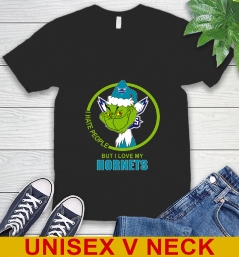 Charlotte Hornets NBA Christmas Grinch I Hate People But I Love My Favorite Basketball Team V-Neck T-Shirt 2