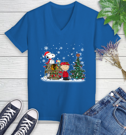 NHL Chicago Blackhawks Snoopy Charlie Brown Woodstock Christmas Stanley Cup Hockey Women's V-Neck T-Shirt 10
