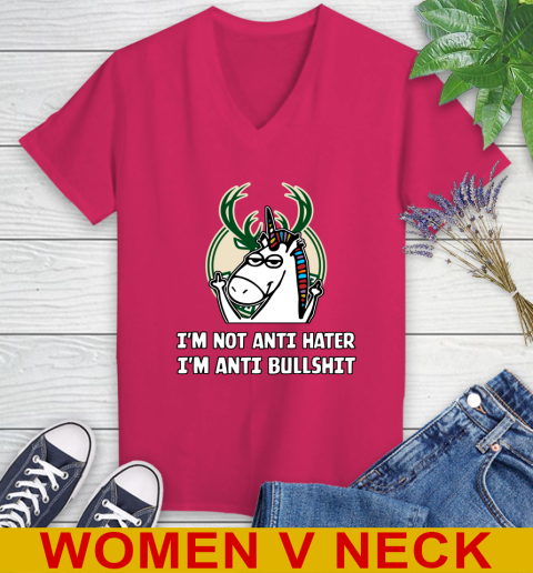 Milwaukee Bucks NBA Basketball Unicorn I'm Not Anti Hater I'm Anti Bullshit Women's V-Neck T-Shirt 10